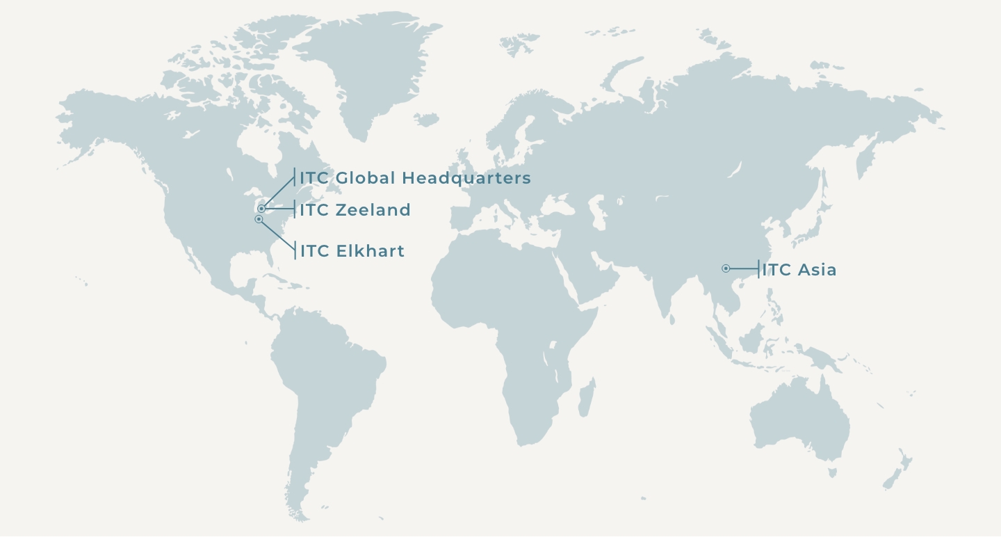 ITC World map of locations. ITC Global Headquarters; ITC Zeeland; ITC Elkhart; ITC Asia